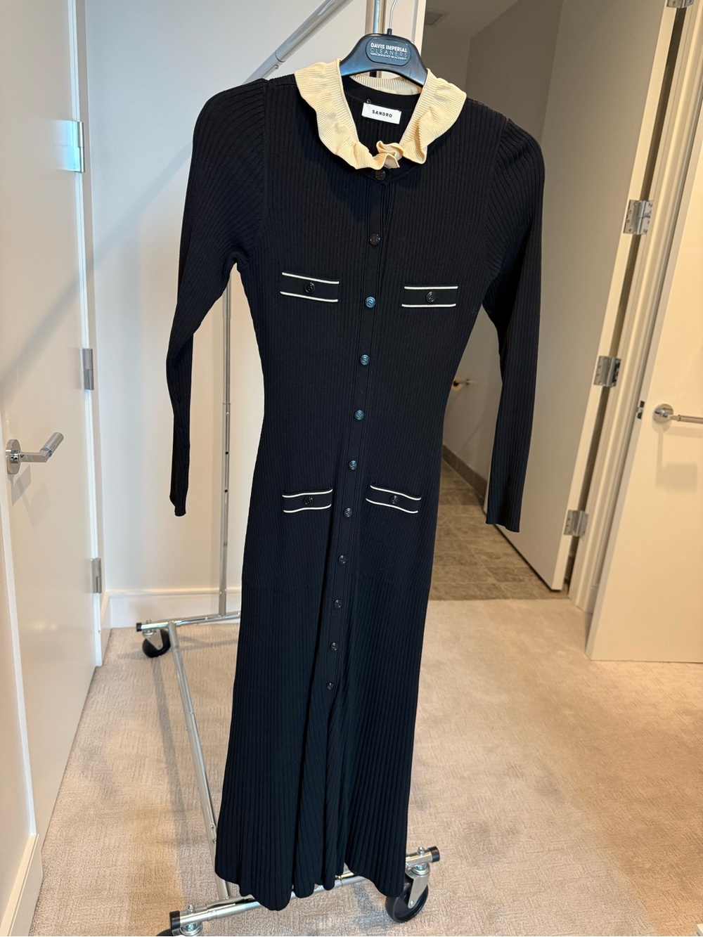 Sandro Black Ribbed Button-Down Dress with Cream Ruffle Collar
